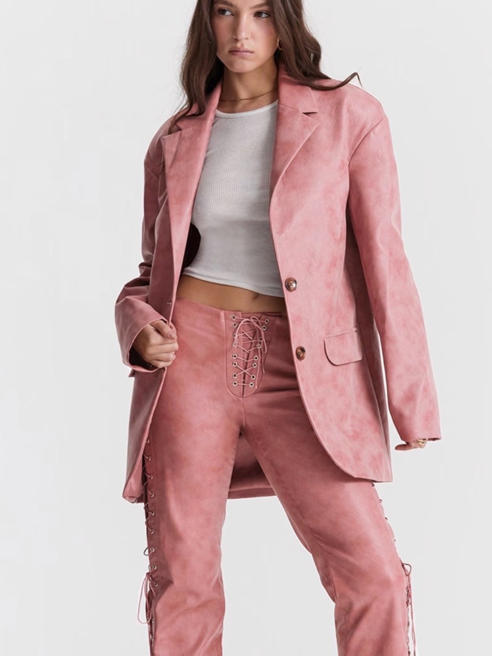 House of CB Dusty Rose Suede Blazer & Lace-Up Pants